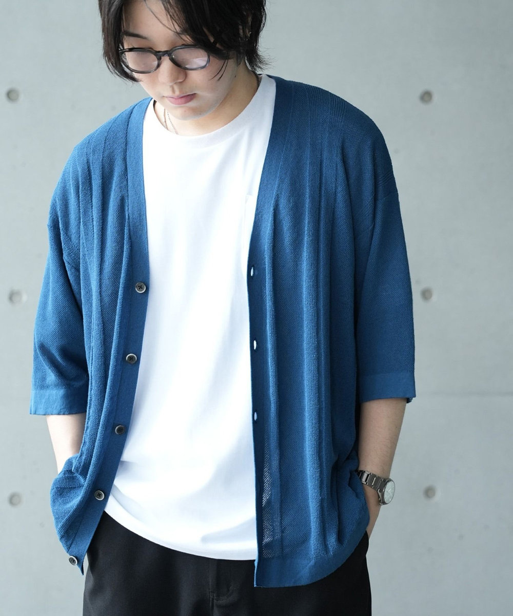 UNION STATION ＊WEB限定 シアーストライプルーズフィット5分袖カーディガン ブルー