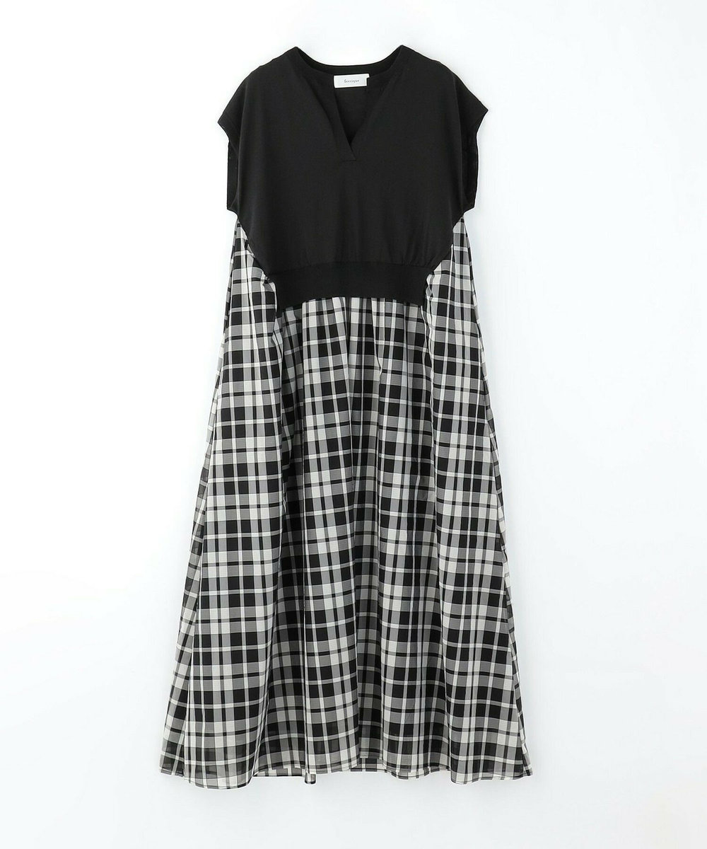 feerique feerique ニット×シアーチェックドッキングワンピース ブラック
