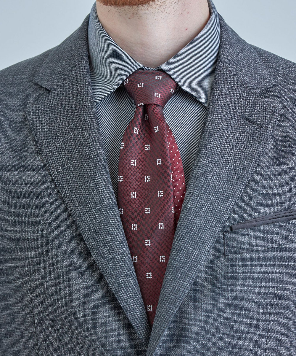 MEN'S BIGI 小紋グレンチェックxドット柄シルクネクタイ ボルドー