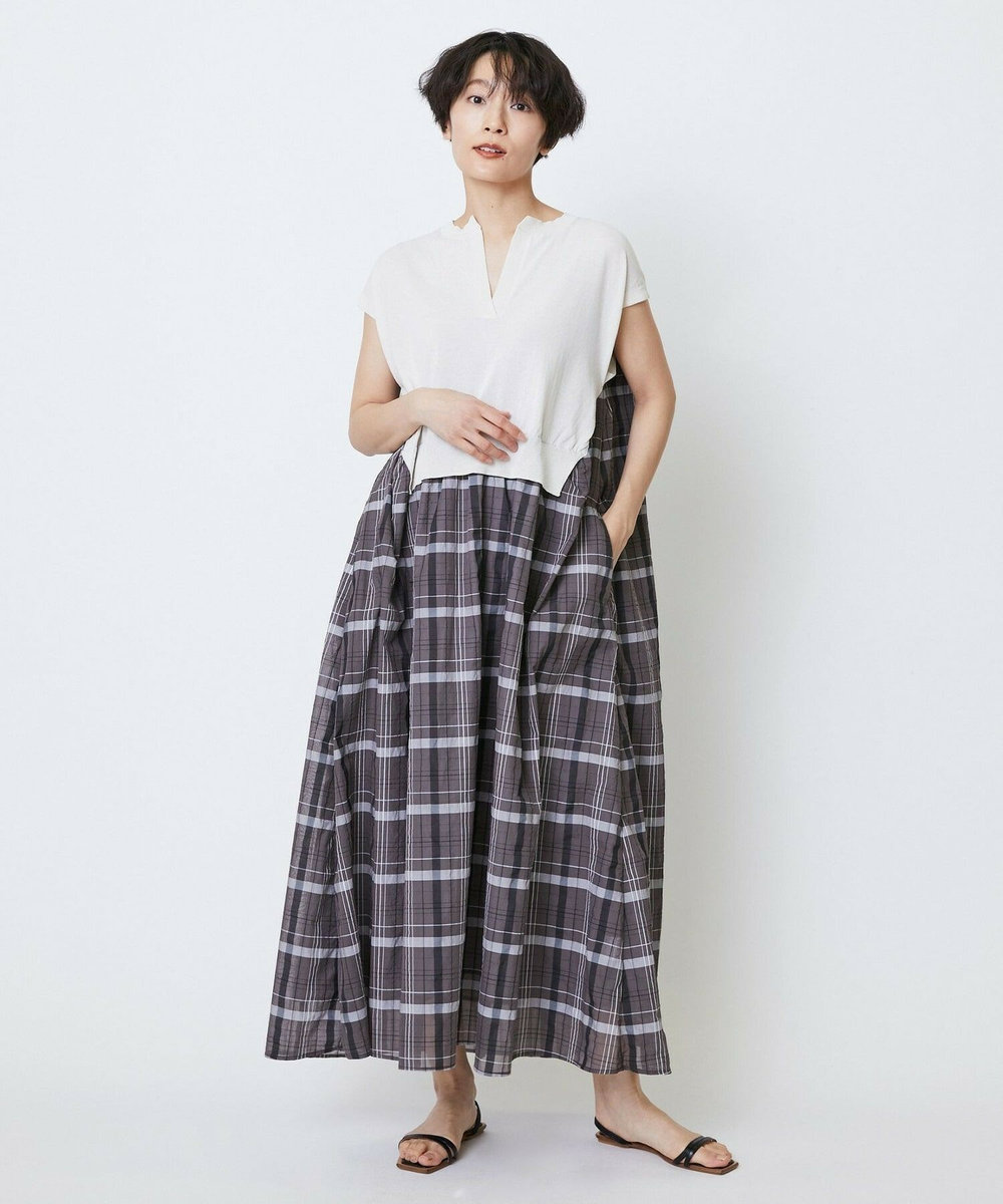 feerique feerique ニット×シアーチェックドッキングワンピース ブラウン