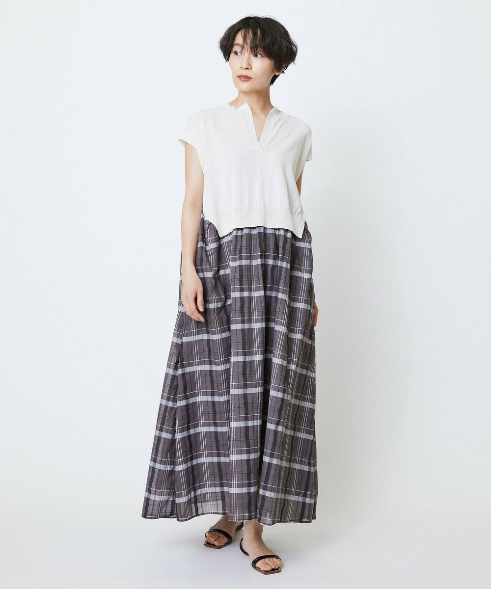 feerique feerique ニット×シアーチェックドッキングワンピース ブラウン