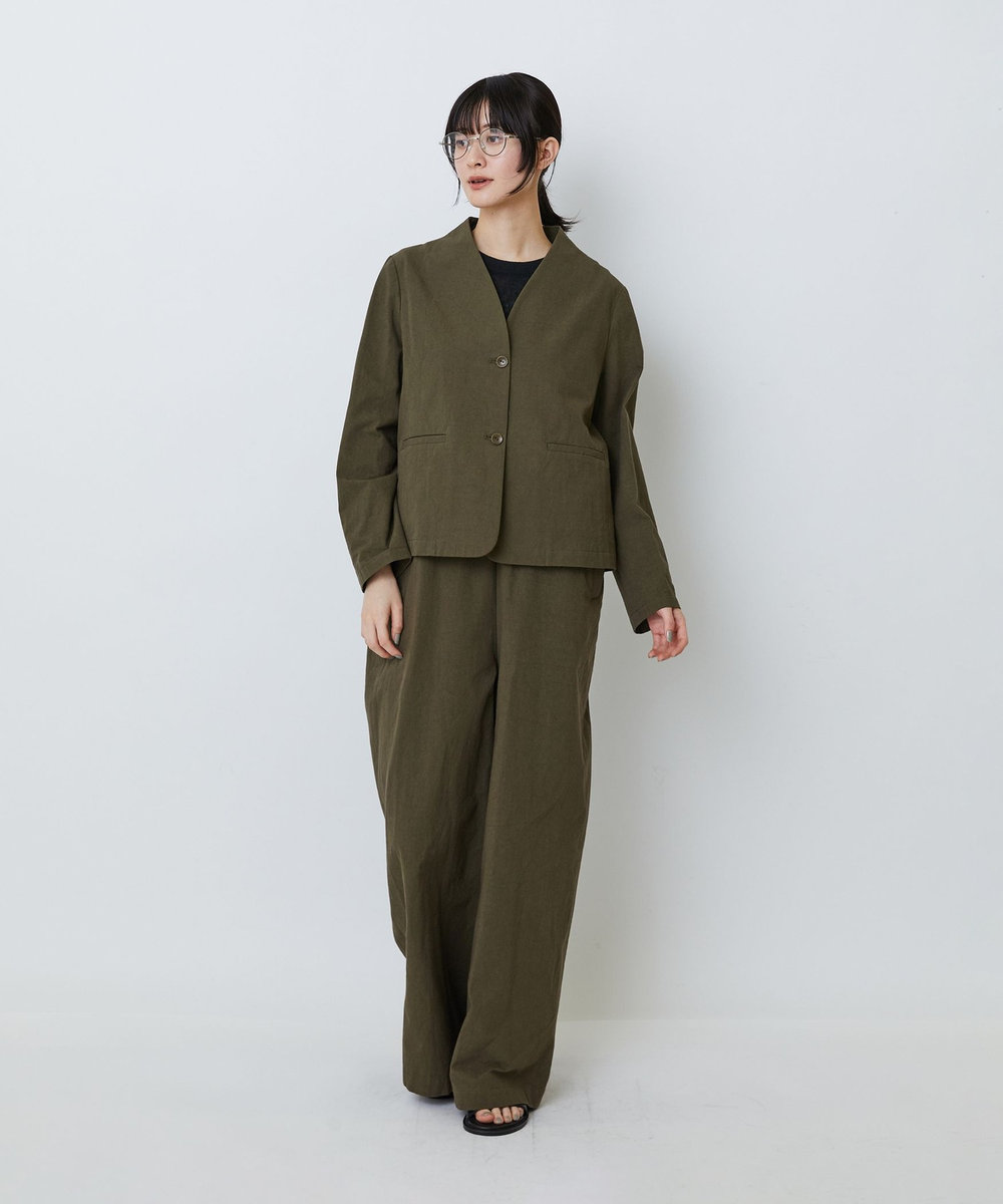 LOISIR グランジコットンポプリンノーカラージャケット ブラウン