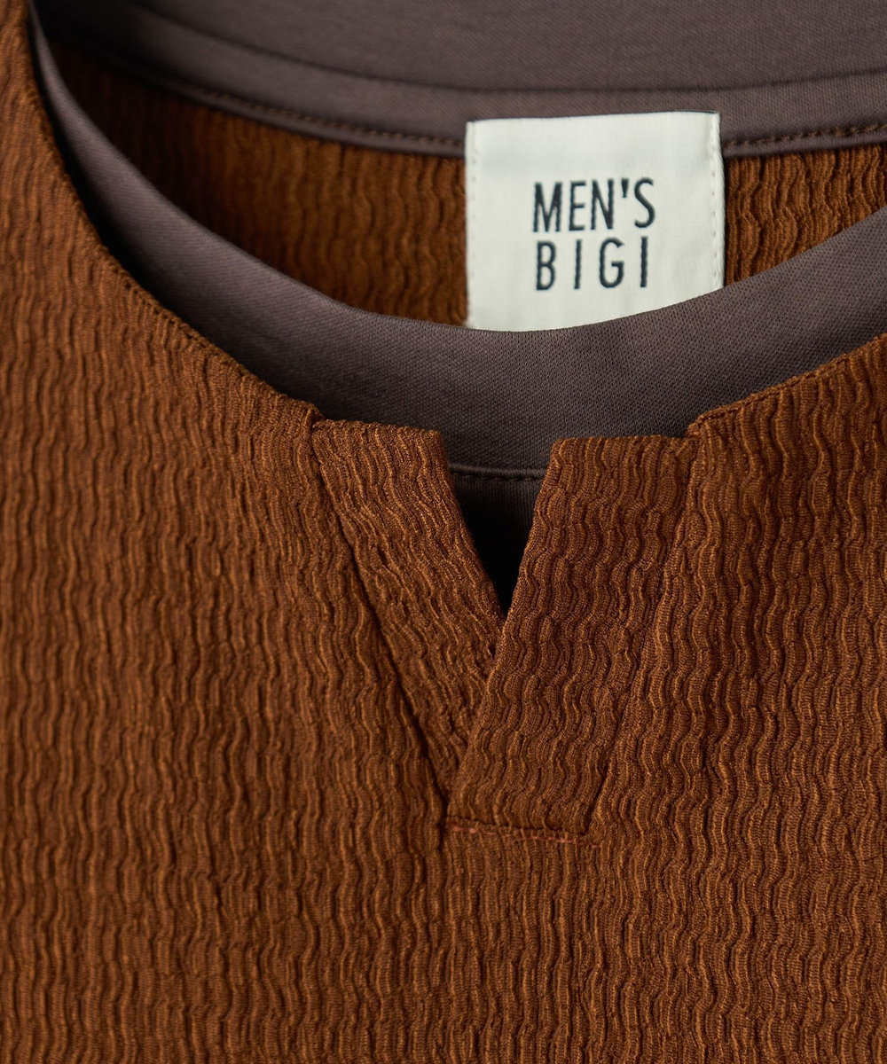 MEN'S BIGI フェイクレイヤードキーネック半袖Tシャツ ブラウン