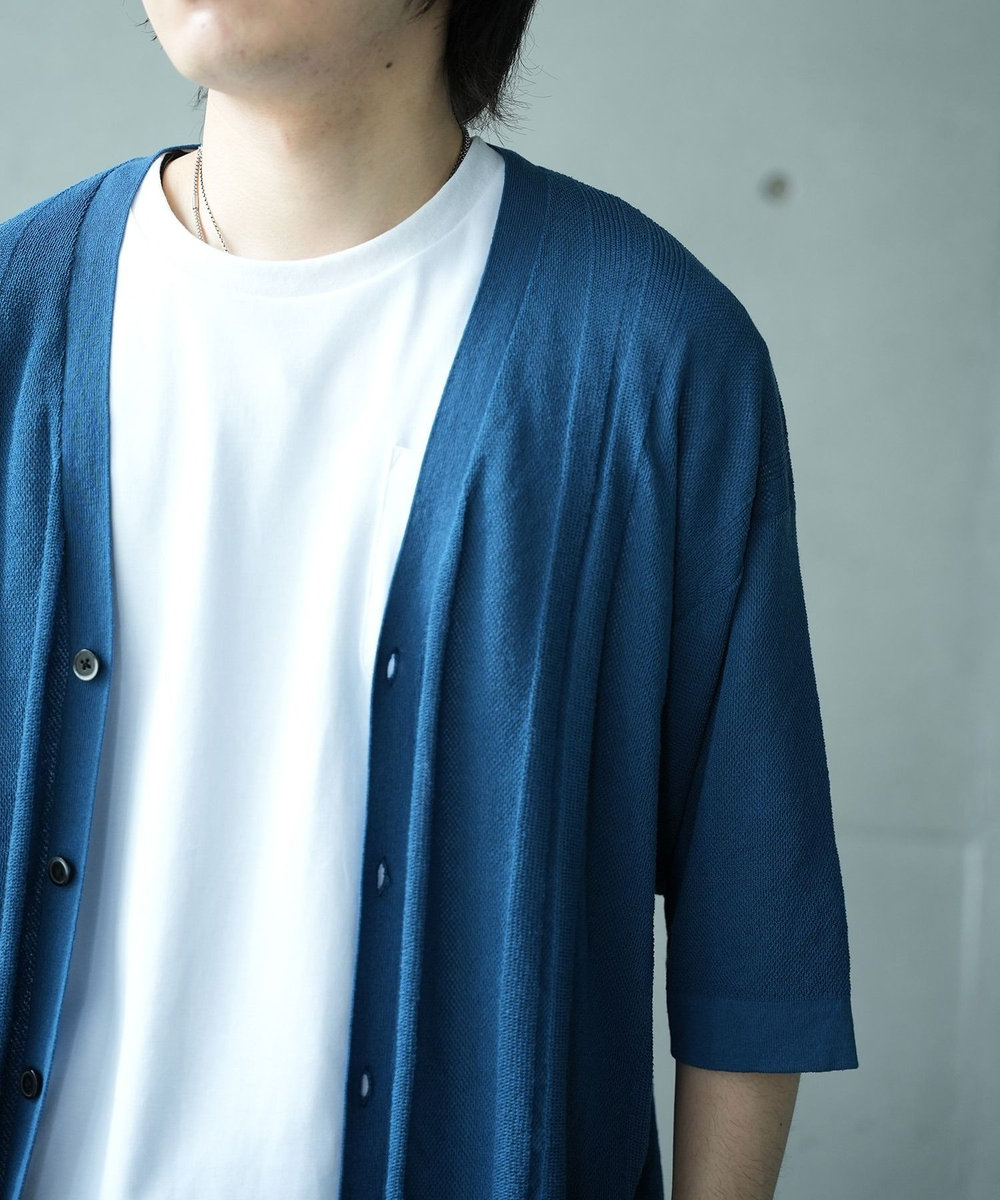 UNION STATION ＊WEB限定 シアーストライプルーズフィット5分袖カーディガン ブルー