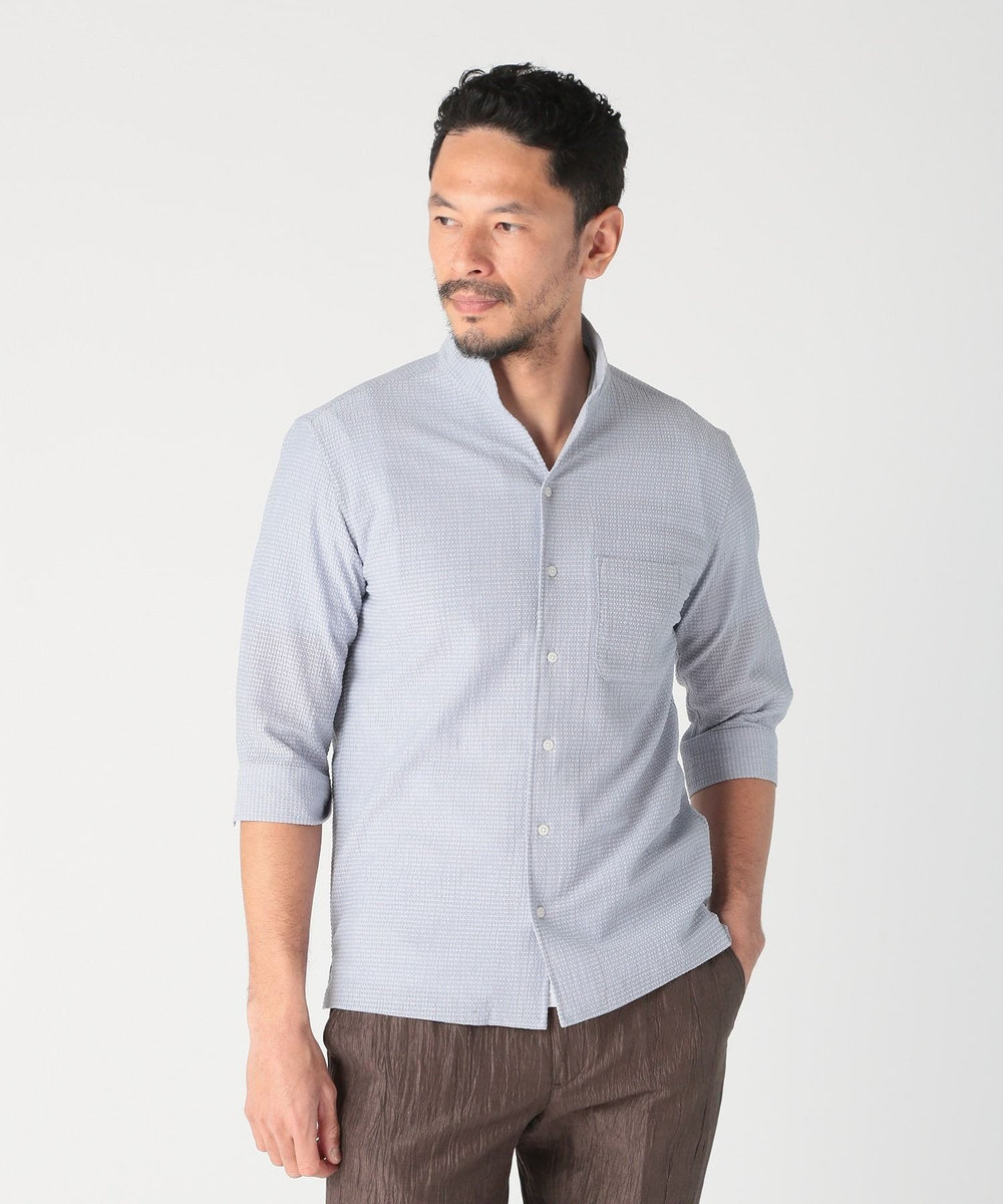MEN'S BIGI カラミ織風サッカー七分袖スタンドカラーシャツ<ストレッチ/通気性> サックスブルー
