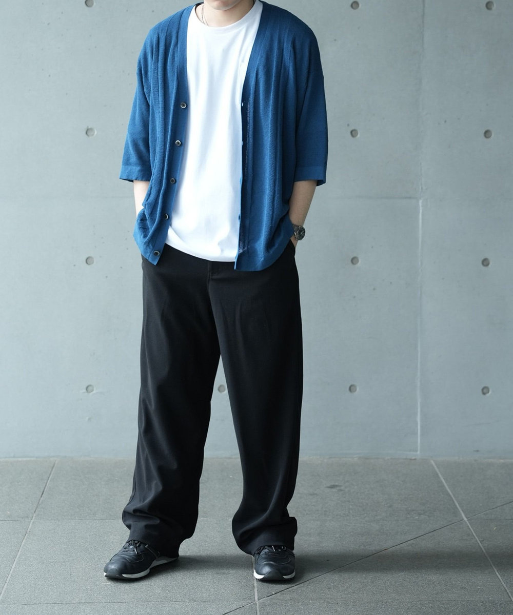 UNION STATION ＊WEB限定 シアーストライプルーズフィット5分袖カーディガン ブルー