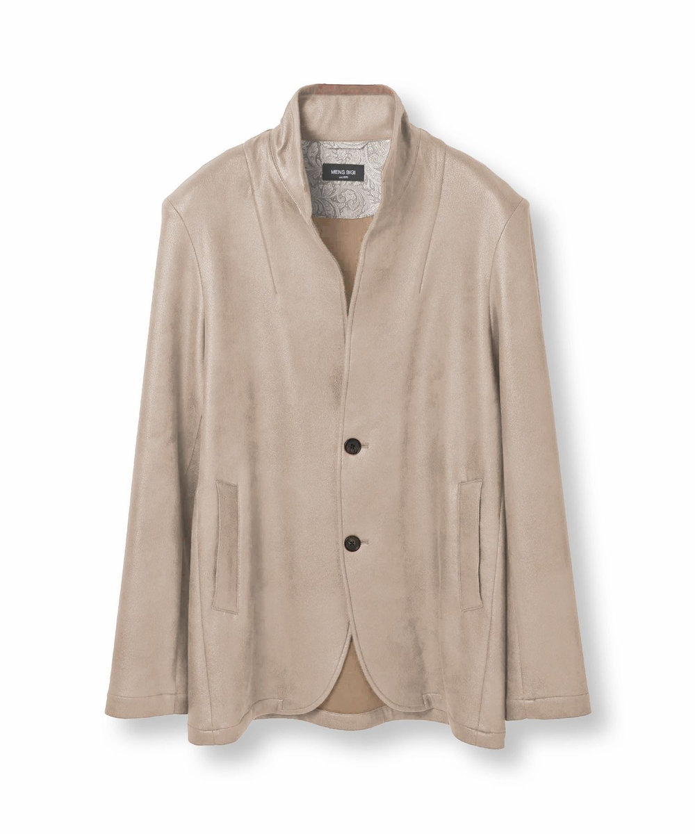 MEN'S BIGI レザー調プリントダンボールスタンドカラージャケット ベージュ
