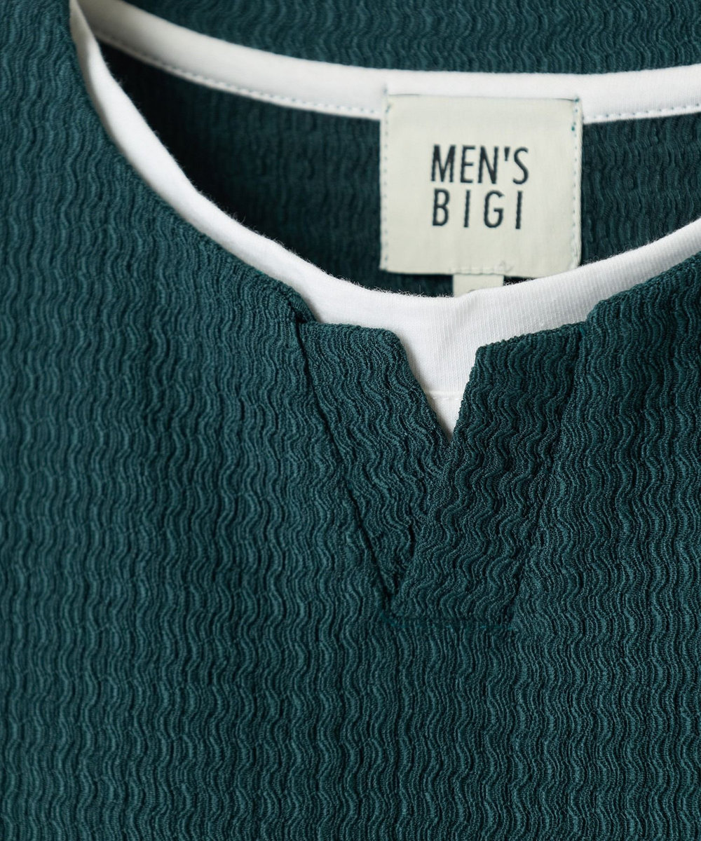 MEN'S BIGI フェイクレイヤードキーネック半袖Tシャツ グリーン