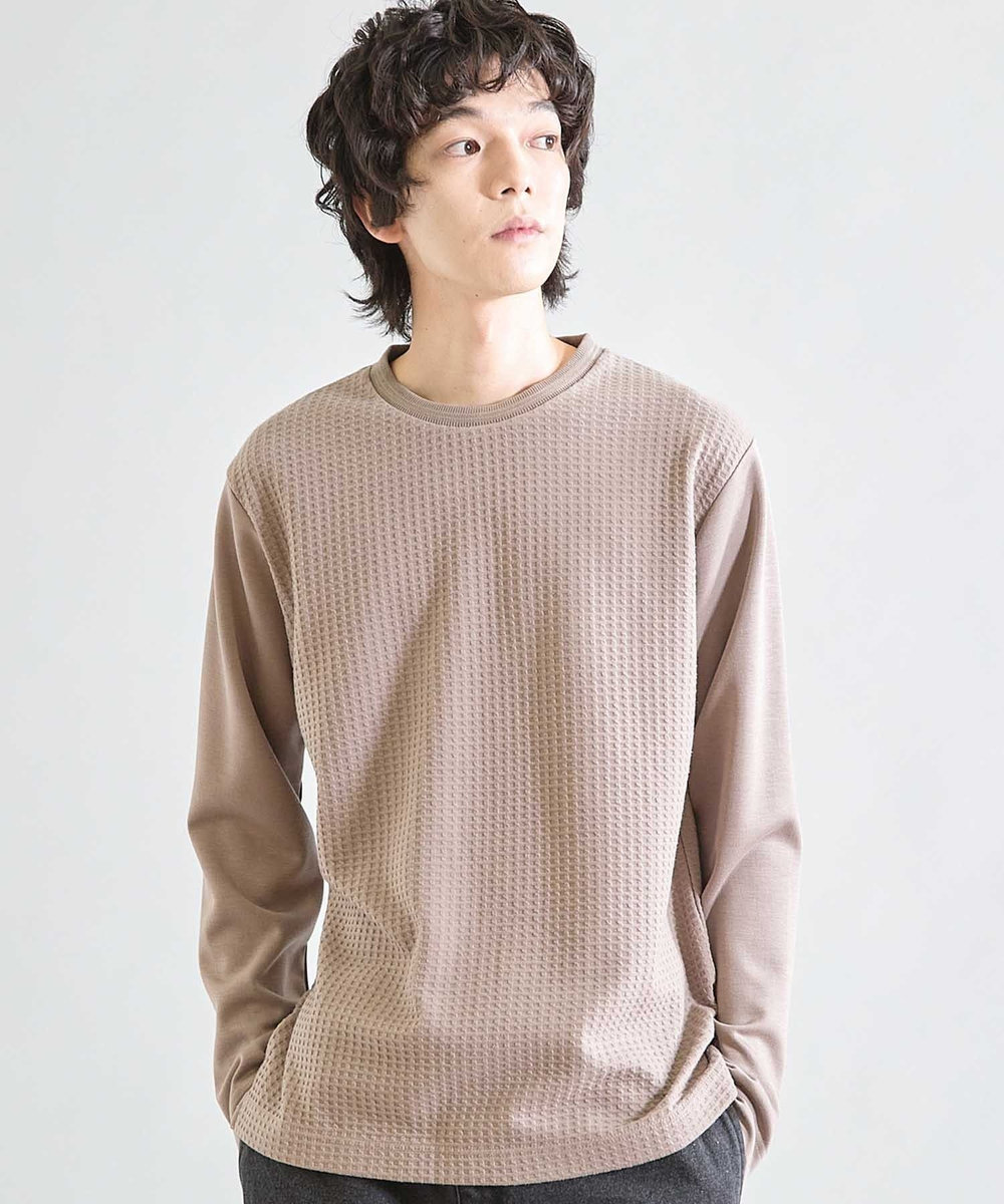UNION STATION 異素材コンビ ワッフルジャガードTee ブラウン