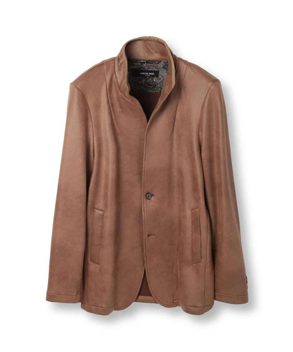 MEN'S BIGI レザー調プリントダンボールスタンドカラージャケット ブラウン