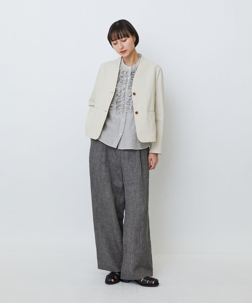 LOISIR グランジコットンポプリンノーカラージャケット ベージュ系その他