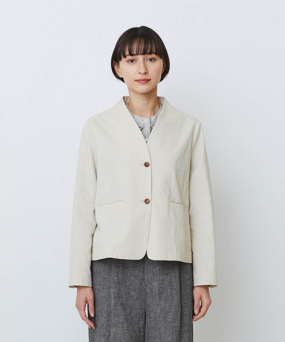 LOISIR グランジコットンポプリンノーカラージャケット ベージュ系その他