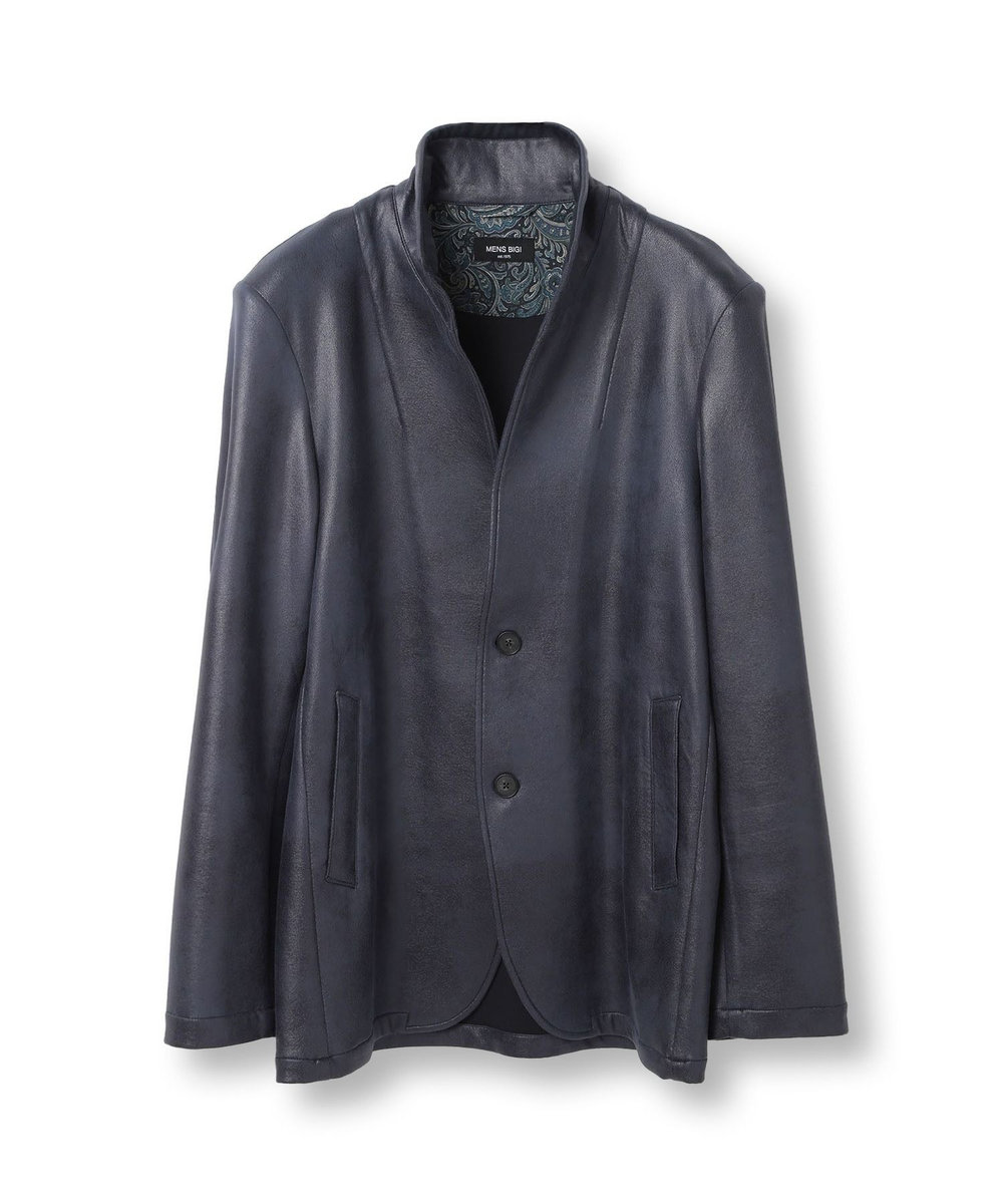 MEN'S BIGI レザー調プリントダンボールスタンドカラージャケット ネイビー