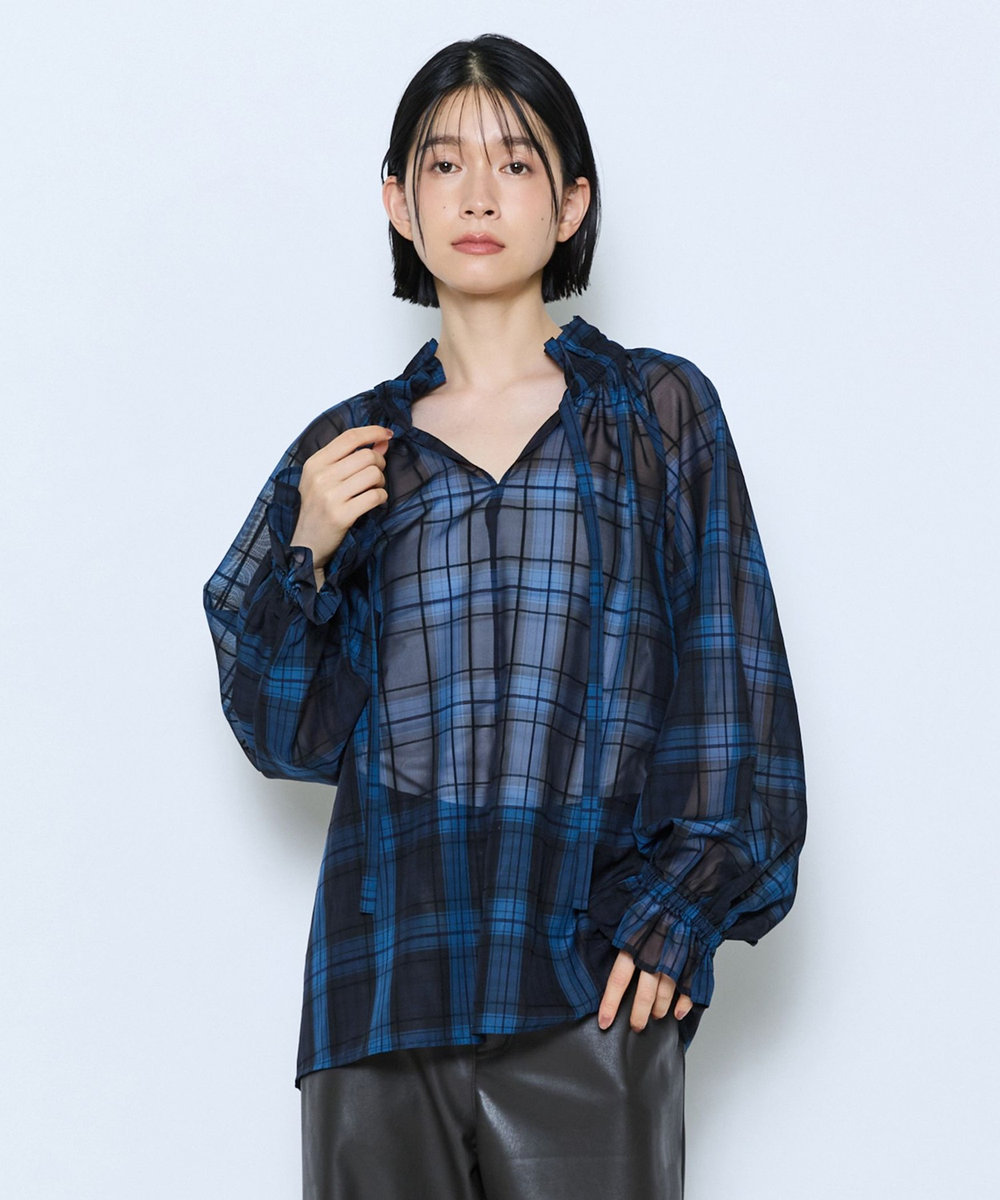 feerique feerique シアーチェックボウタイブラウス ネイビー