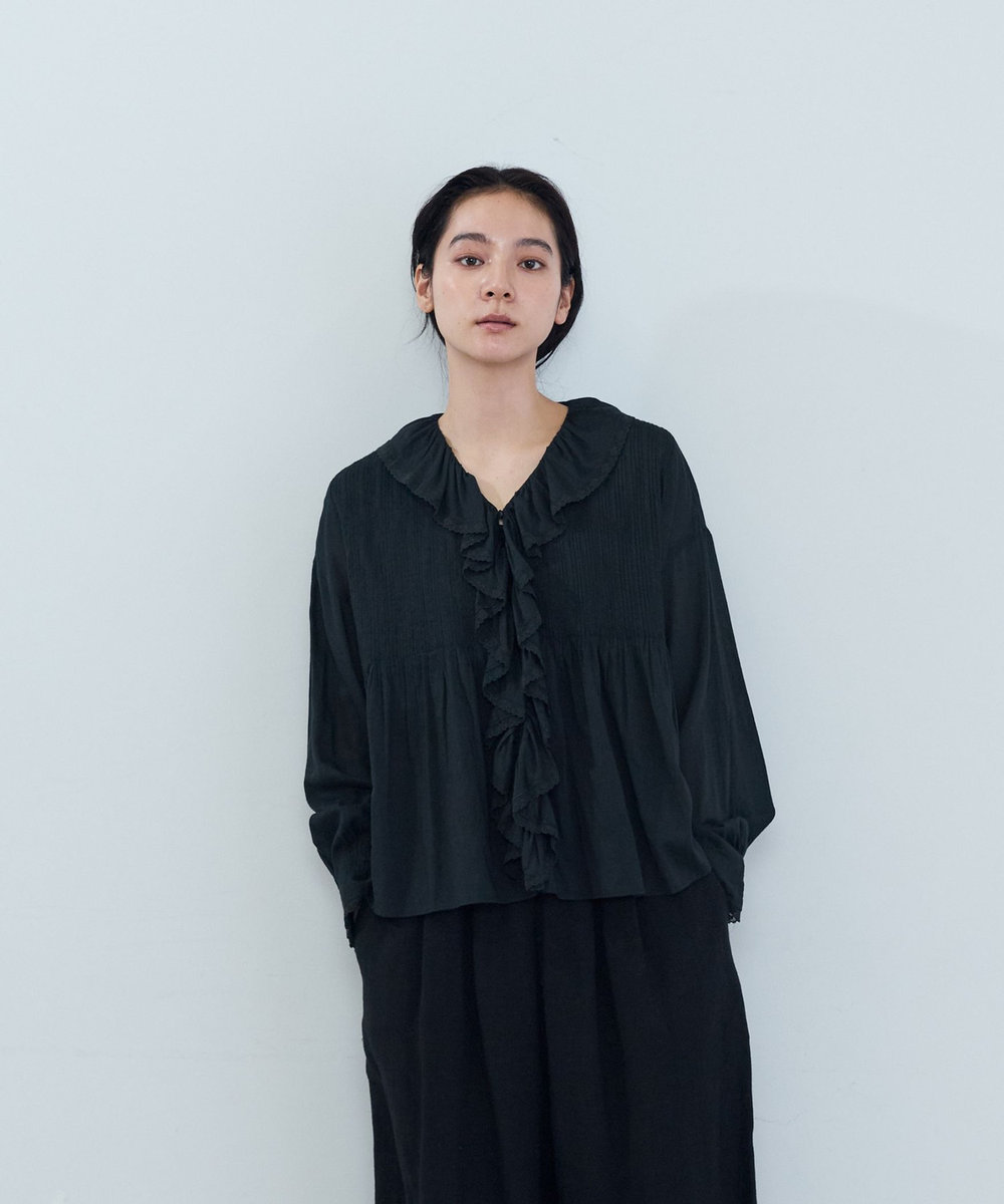ADIEU TRISTESSE 《石上美津江さんコラボ》インドコットンフリルブラウス ブラック