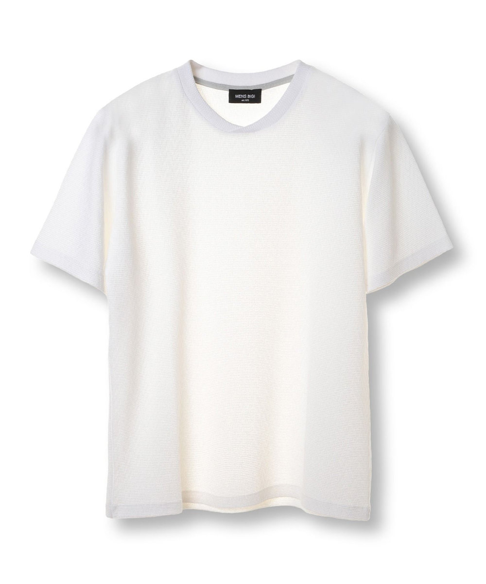 MEN'S BIGI シェブロン柄リンクスジャカードTシャツ<接触冷感><抗菌防臭> ホワイト