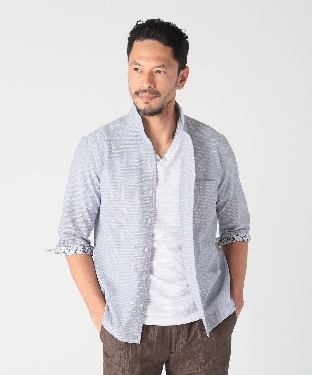MEN'S BIGI カラミ織風サッカー七分袖スタンドカラーシャツ<ストレッチ/通気性> サックスブルー