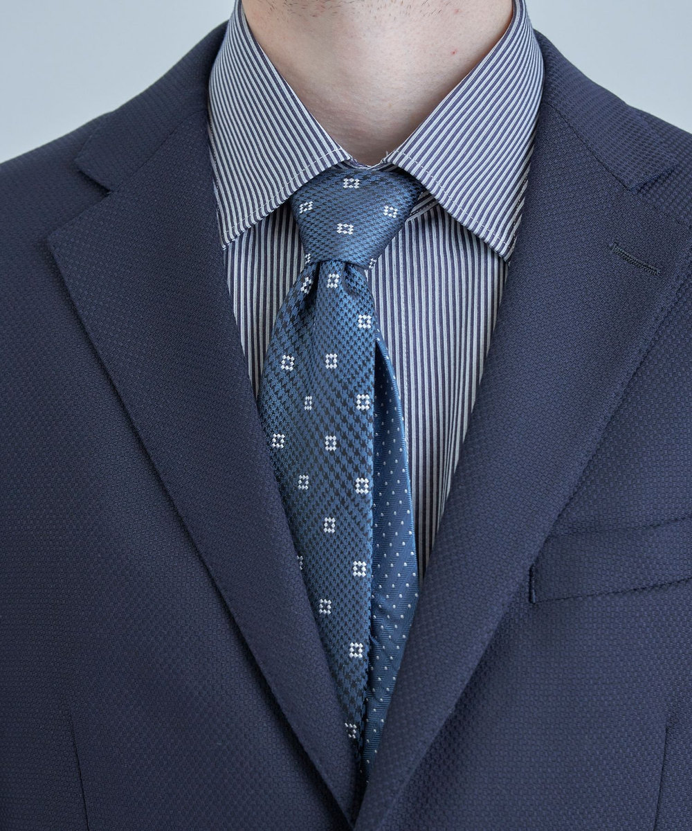 MEN'S BIGI 小紋グレンチェックxドット柄シルクネクタイ ブルー