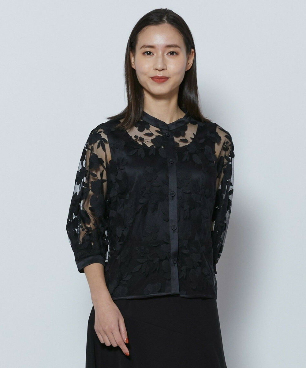 L'EQUIPE COUTURIER フラワーエンブロイダリーチュールブブラウス ブラック