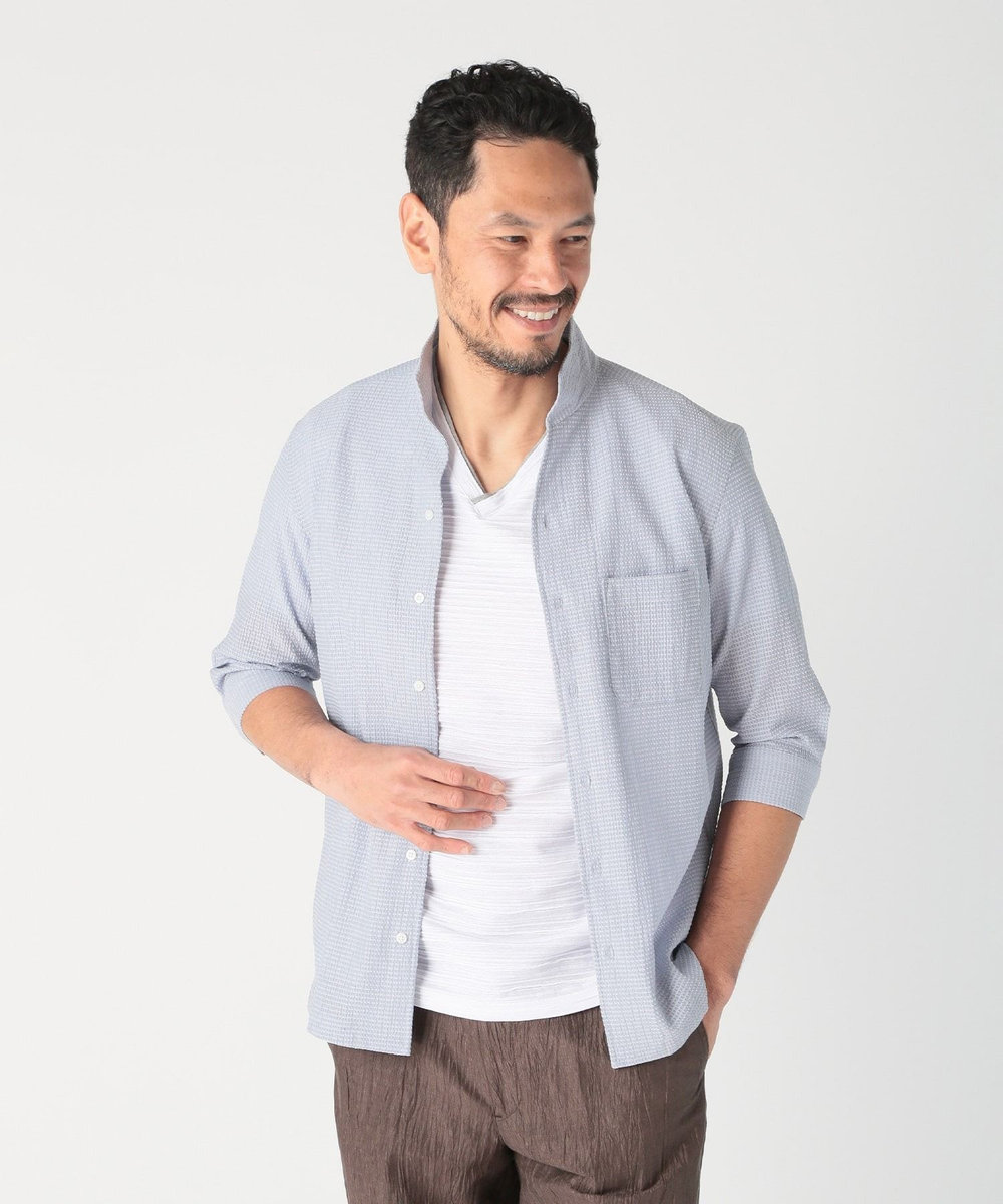 MEN'S BIGI カラミ織風サッカー七分袖スタンドカラーシャツ<ストレッチ/通気性> サックスブルー