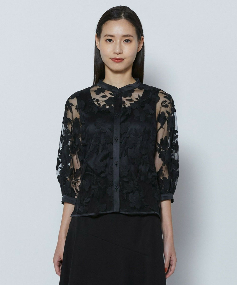 L'EQUIPE COUTURIER フラワーエンブロイダリーチュールブブラウス ブラック