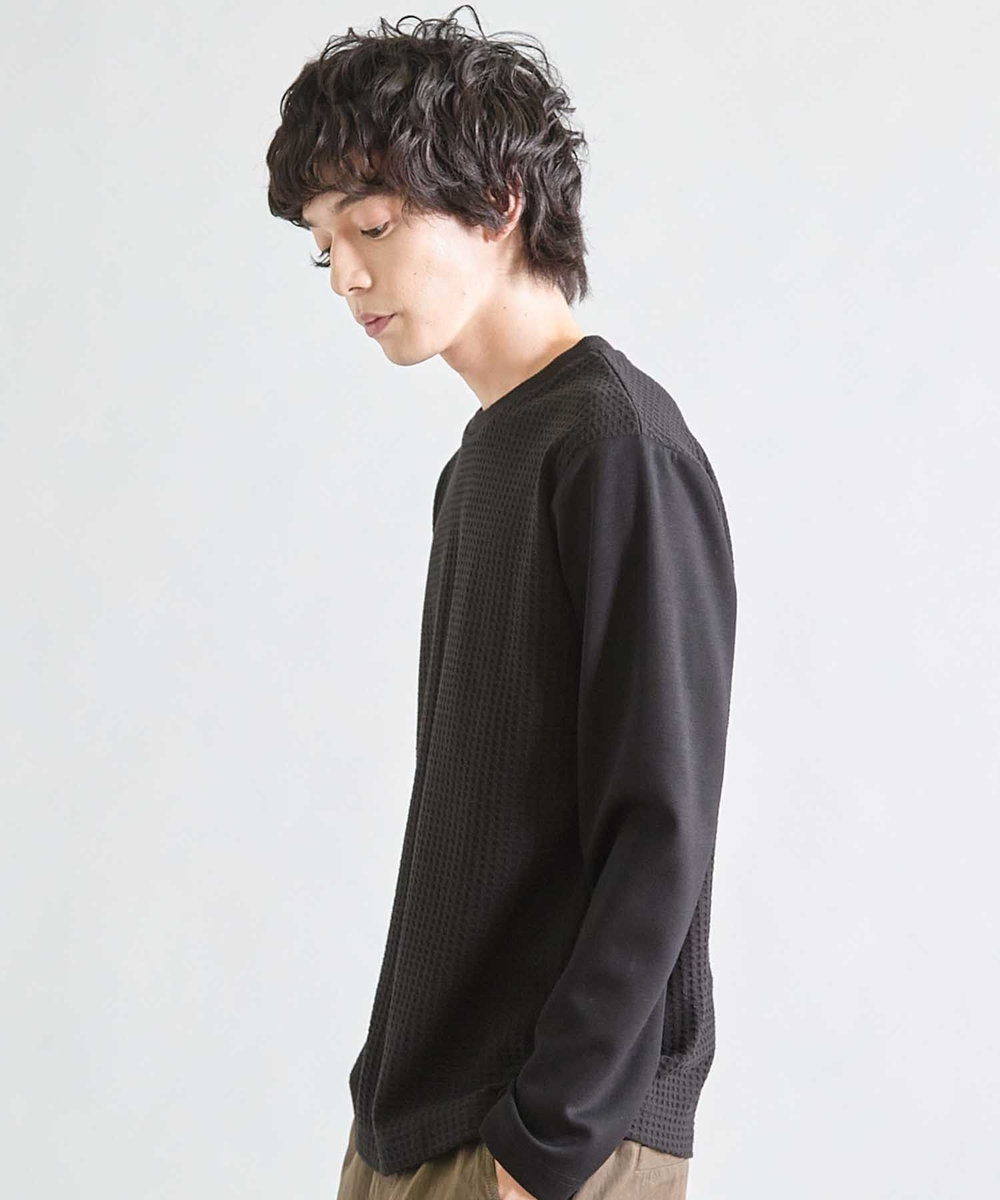 UNION STATION 異素材コンビ ワッフルジャガードTee ブラック