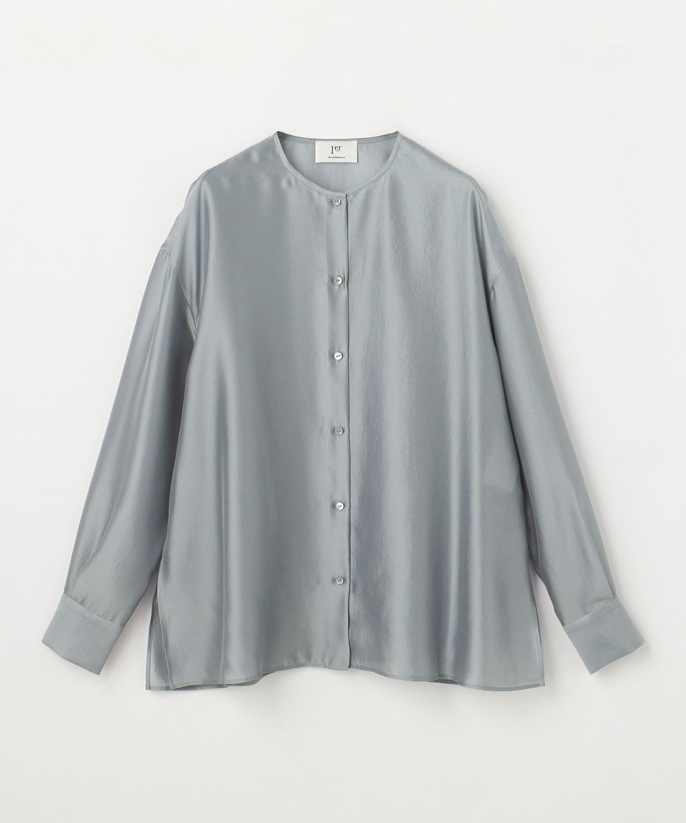1er Arrondissement シルクライクノーカラーブラウス サックスブルー
