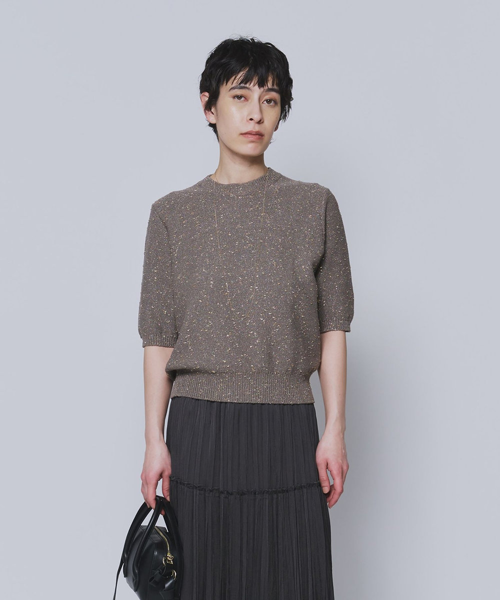 1er Arrondissement ラメノットコットンハーフスリーブニット グレイッシュベージュ