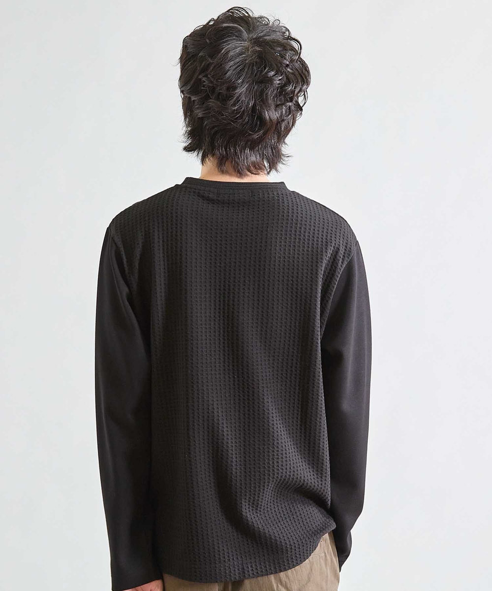 UNION STATION 異素材コンビ ワッフルジャガードTee ブラック
