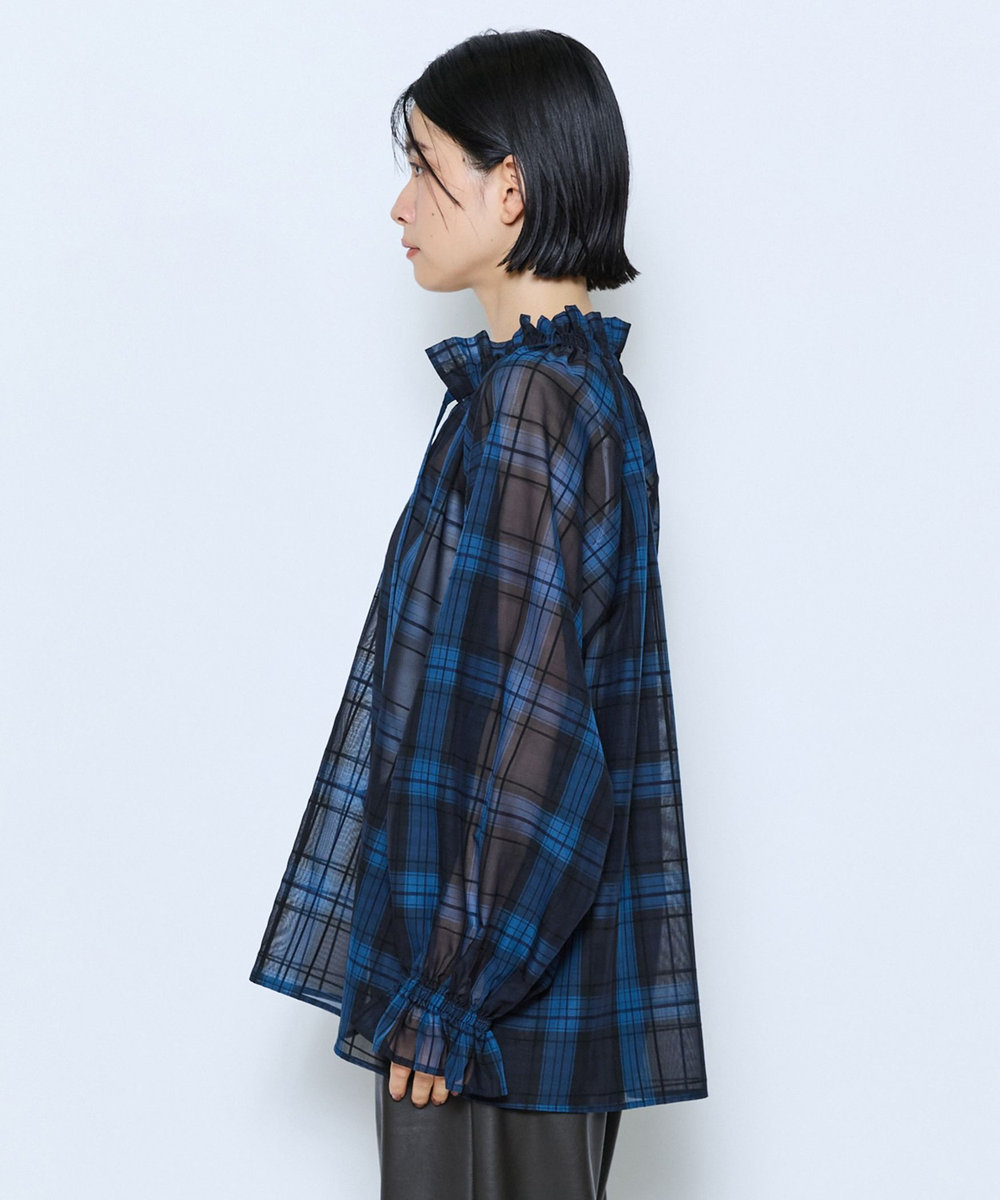 feerique feerique シアーチェックボウタイブラウス ネイビー