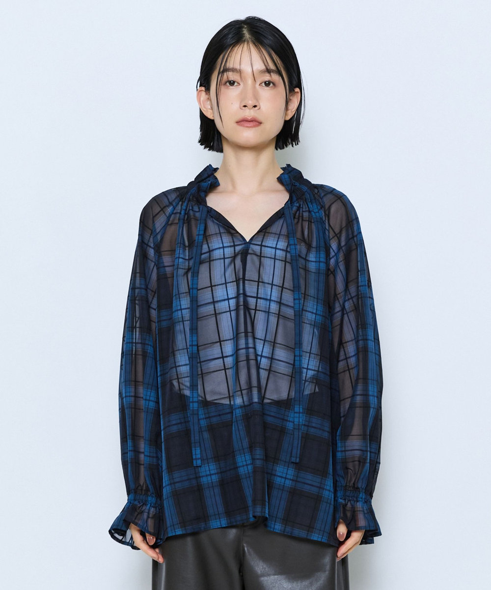 feerique feerique シアーチェックボウタイブラウス ネイビー