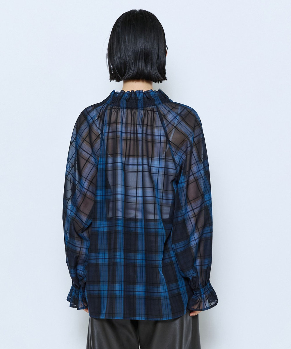 feerique feerique シアーチェックボウタイブラウス ネイビー