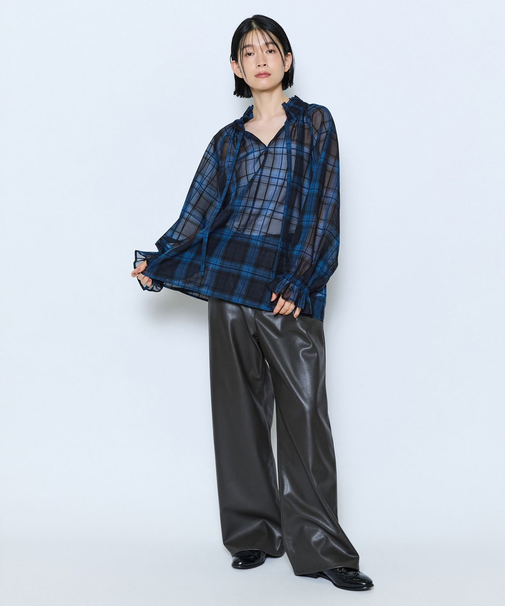 feerique feerique シアーチェックボウタイブラウス ネイビー