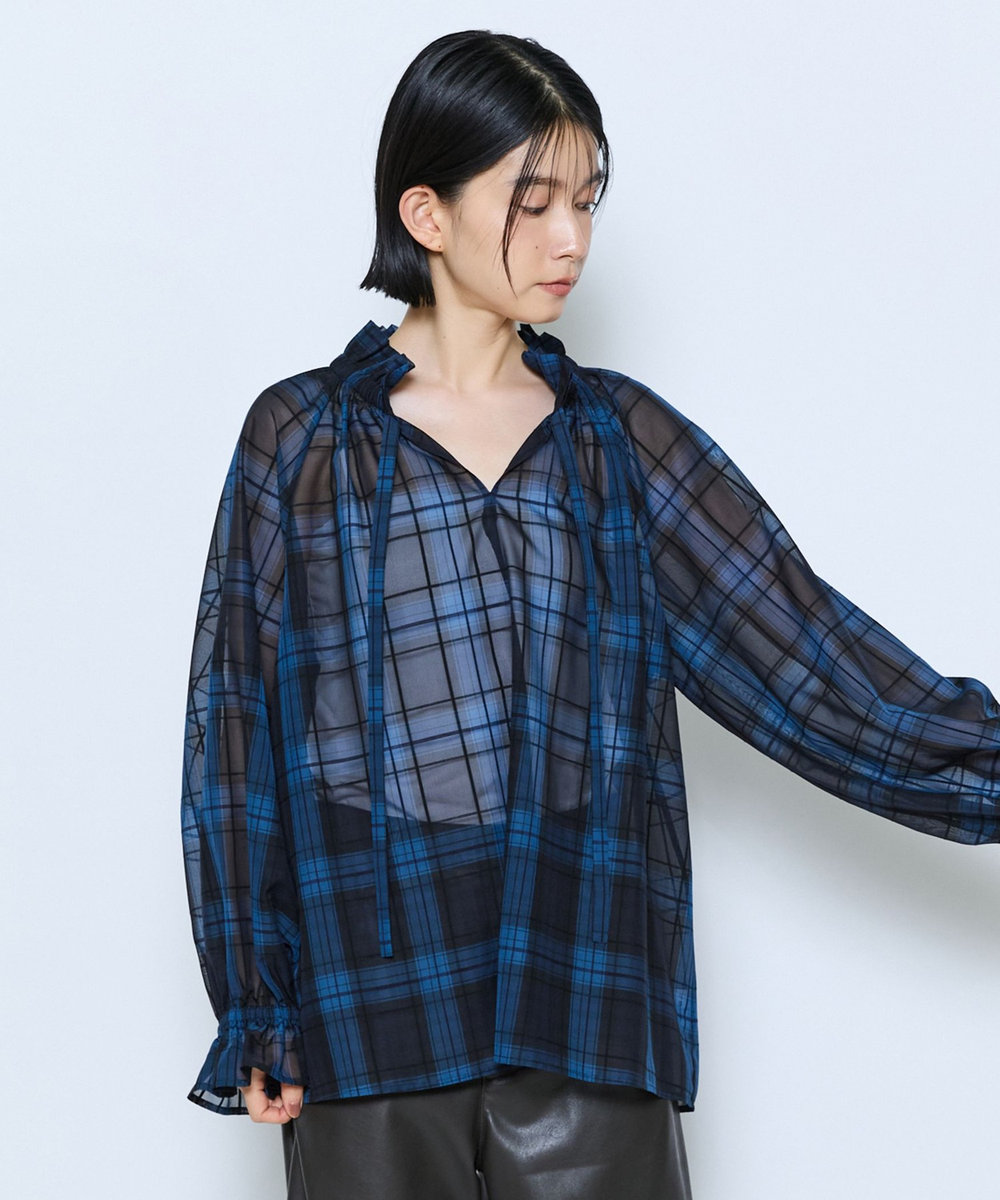 feerique feerique シアーチェックボウタイブラウス ネイビー