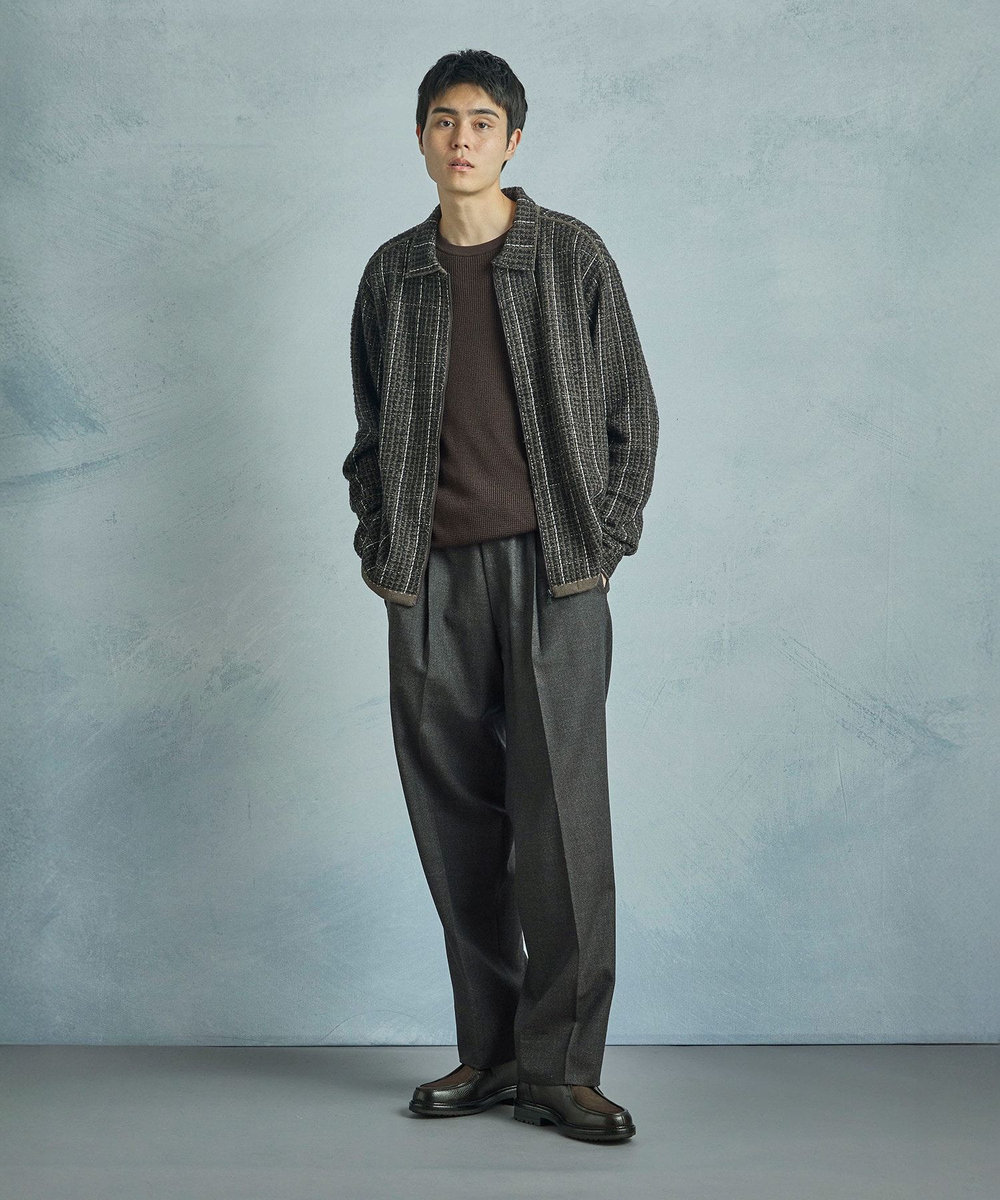 MEN'S BIGI ツイードチェック ニットブルゾン ブラウン