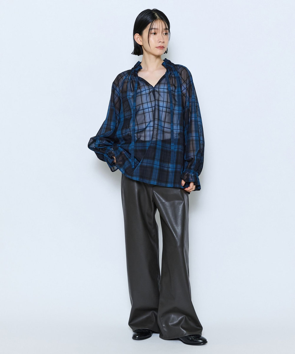 feerique feerique シアーチェックボウタイブラウス ネイビー