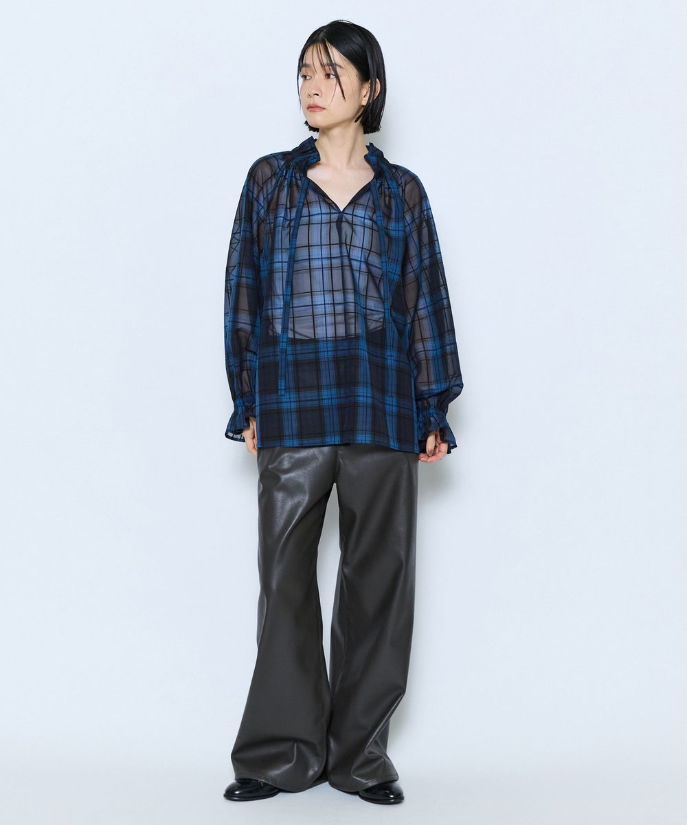 feerique feerique シアーチェックボウタイブラウス ネイビー