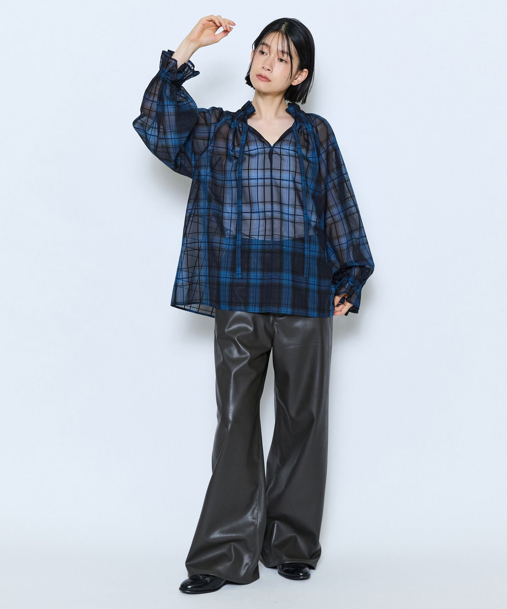 feerique feerique シアーチェックボウタイブラウス ネイビー