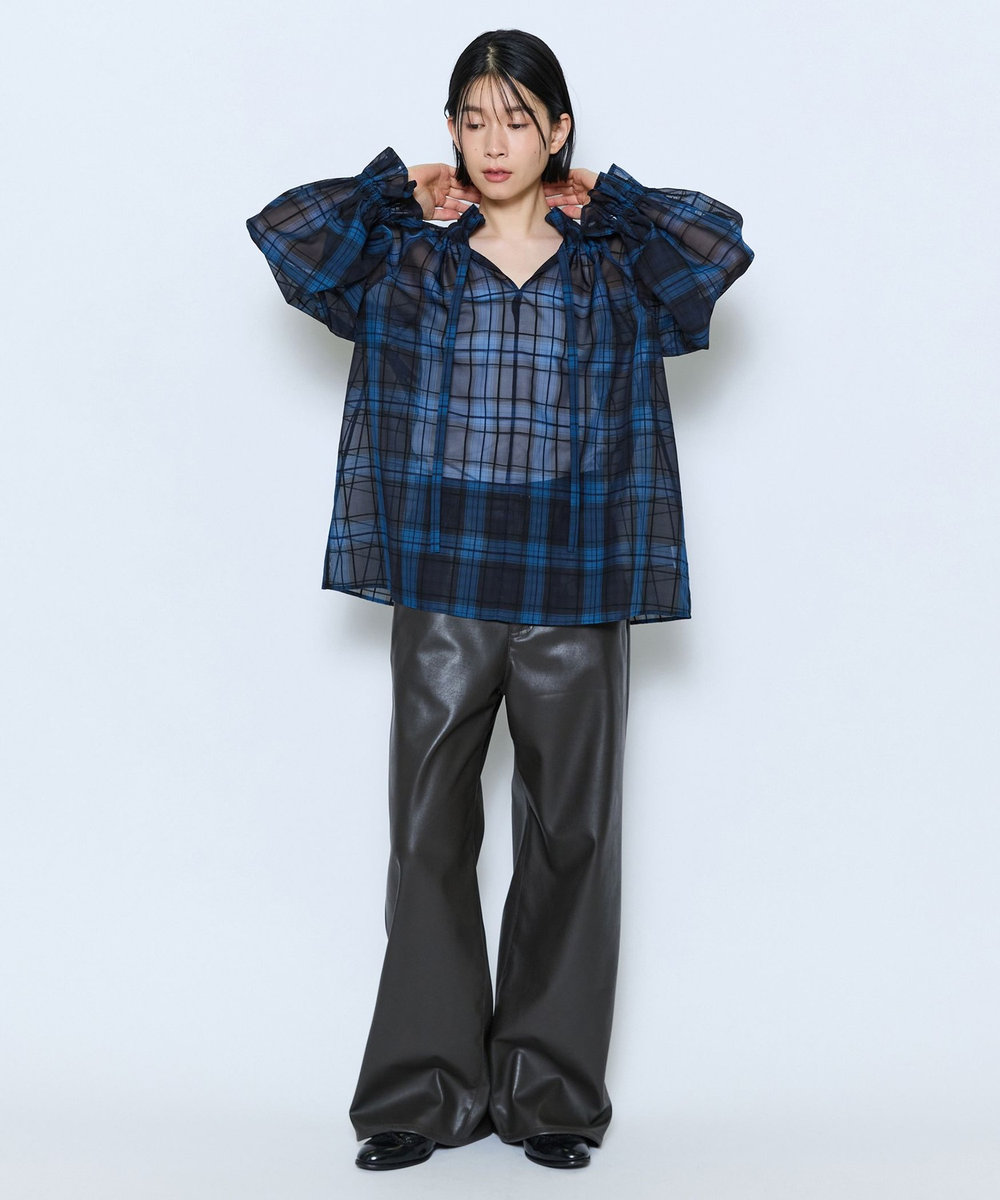 feerique feerique シアーチェックボウタイブラウス ネイビー