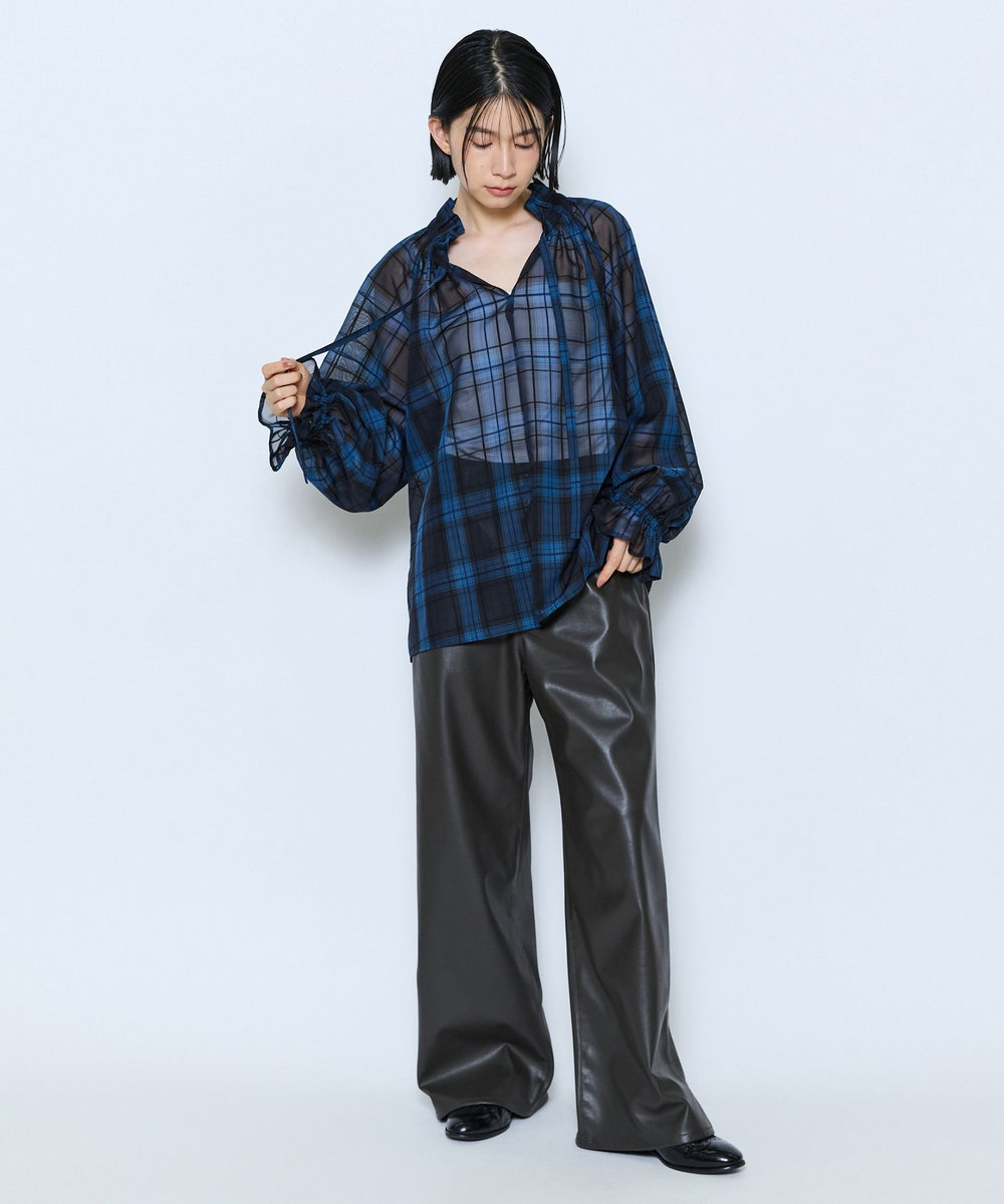 feerique feerique シアーチェックボウタイブラウス ネイビー