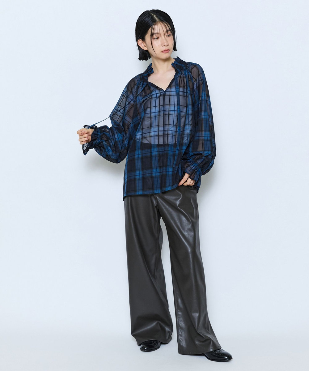 feerique feerique シアーチェックボウタイブラウス ネイビー