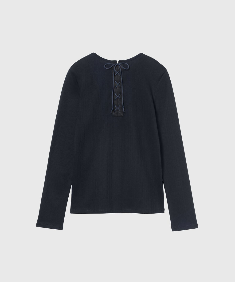 DÉPAREILLÉ RIB BACK LACE UP CREW NECK TOPS / リブバックレースアップクルーネックトップス ネイビー