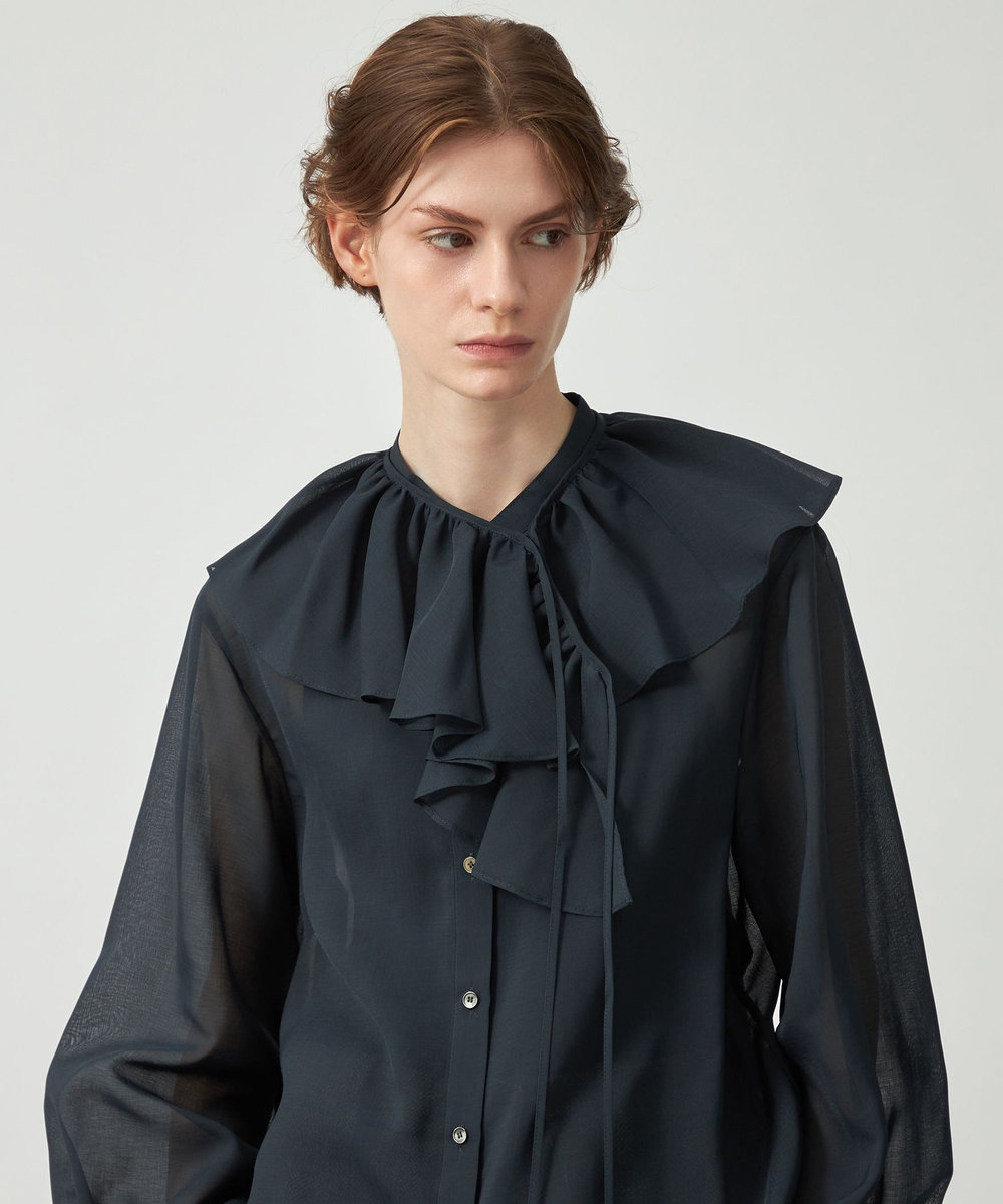 DÉPAREILLÉ ORGANDY RUFFLE BLOUSE / オーガンジーラッフルブラウス ネイビー