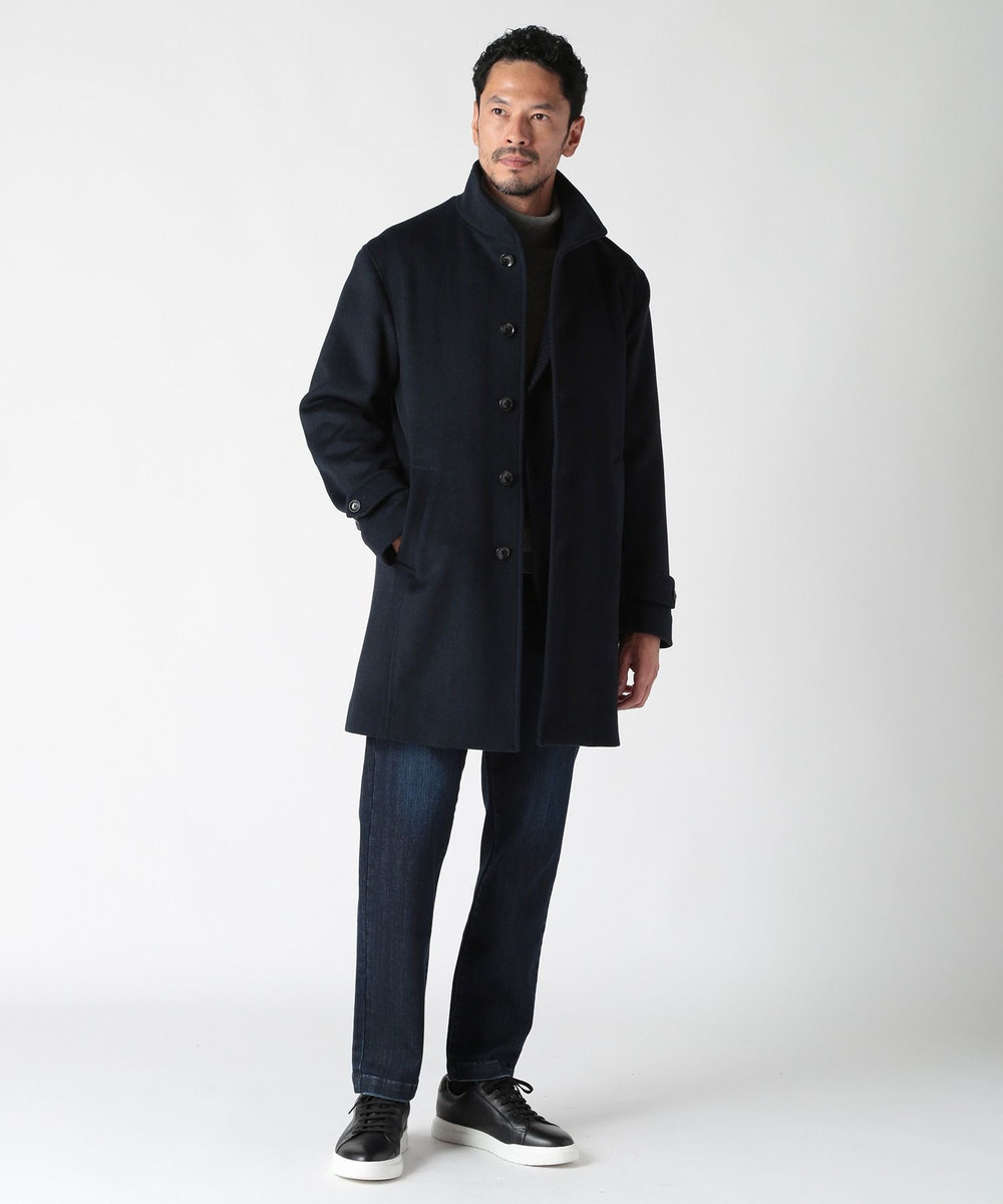 MEN'S BIGI スーパー140ウールビーバーヘリンボーンコート ネイビー