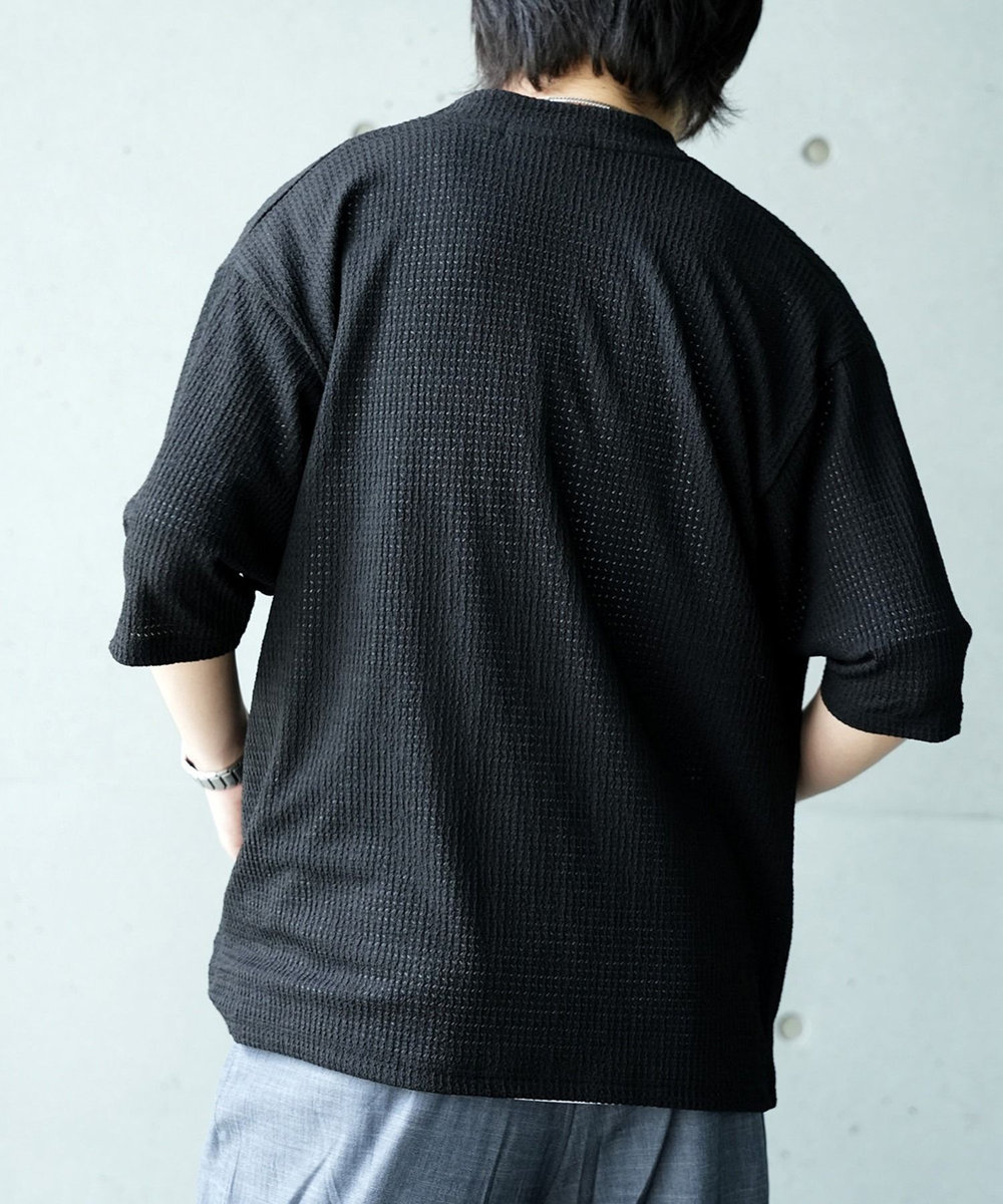 UNION STATION *WEB限定 シアー ジャガード 5分袖 ボタンレスカーディガン ブラック