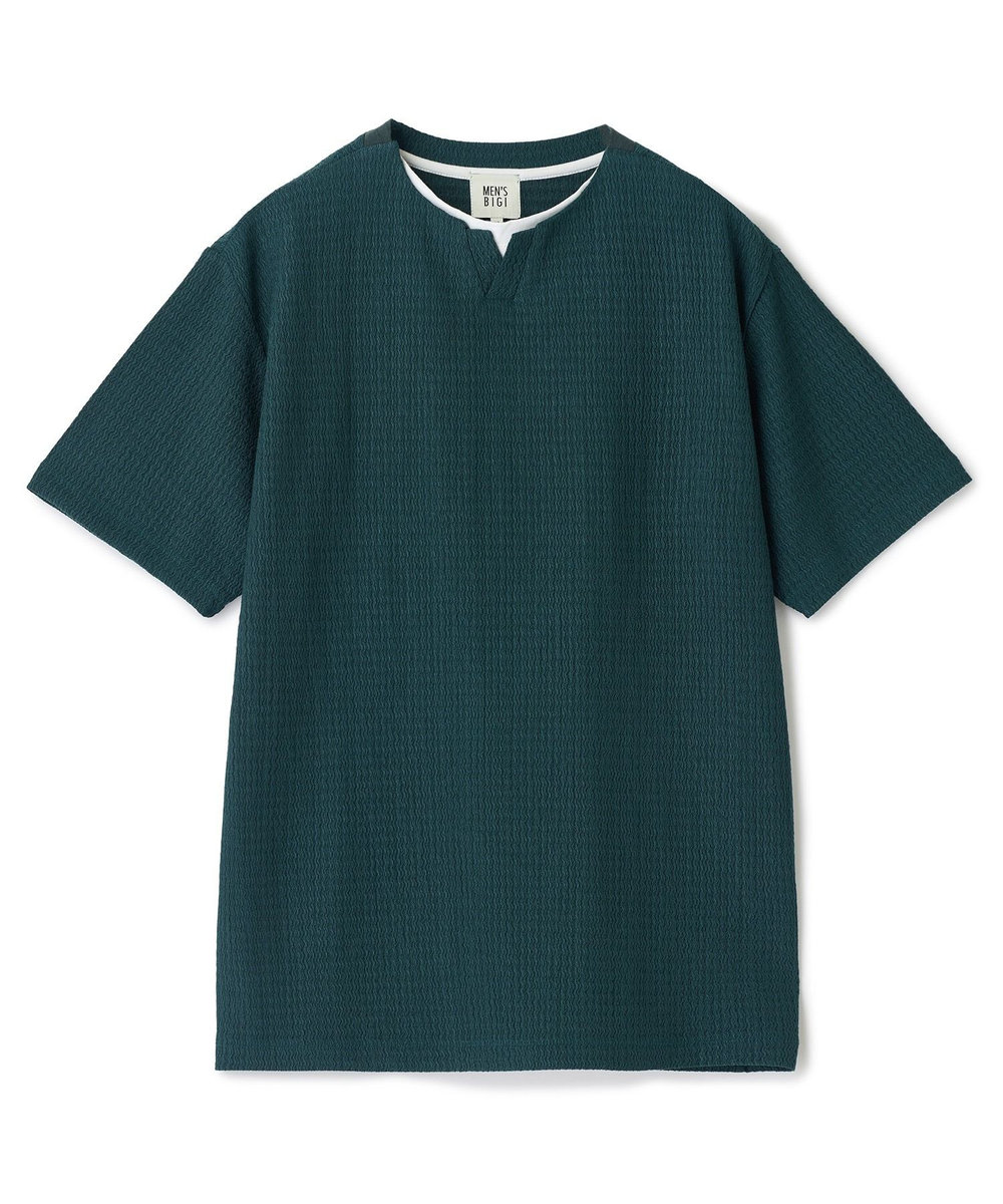 MEN'S BIGI フェイクレイヤードキーネック半袖Tシャツ グリーン
