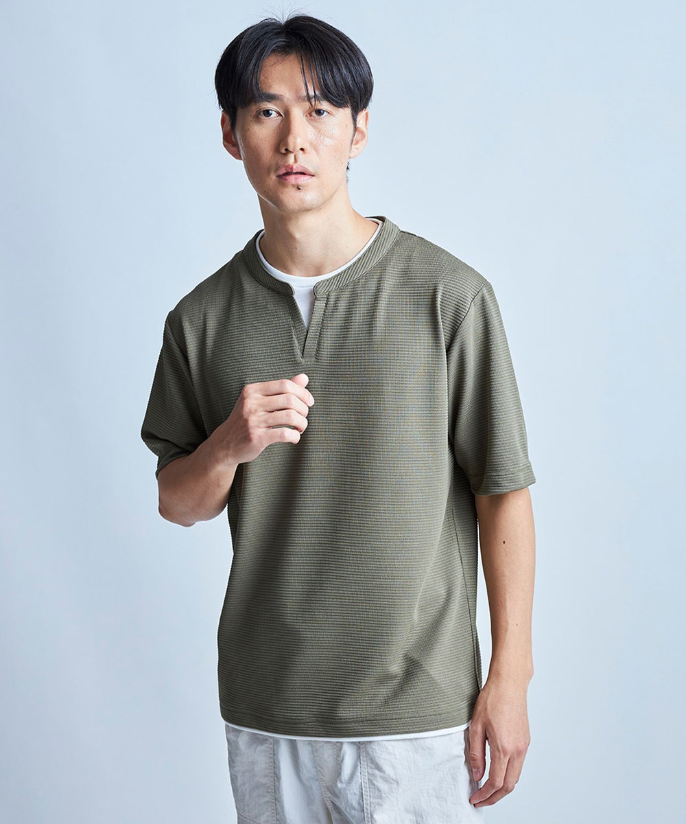 UNION STATION 	ミニワッフルキーネックレイヤードTシャツ カーキ