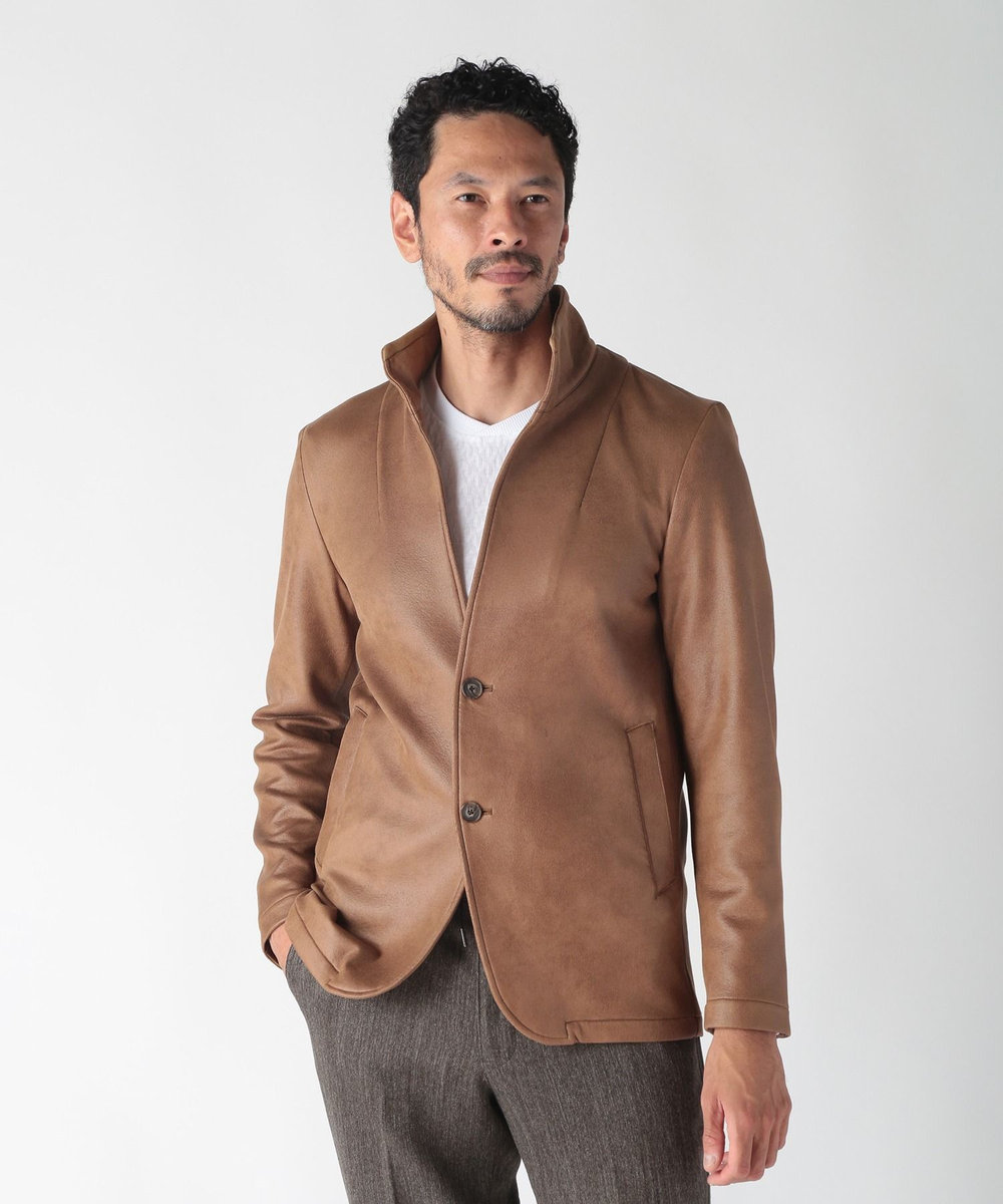 MEN'S BIGI レザー調プリントダンボールスタンドカラージャケット ブラウン