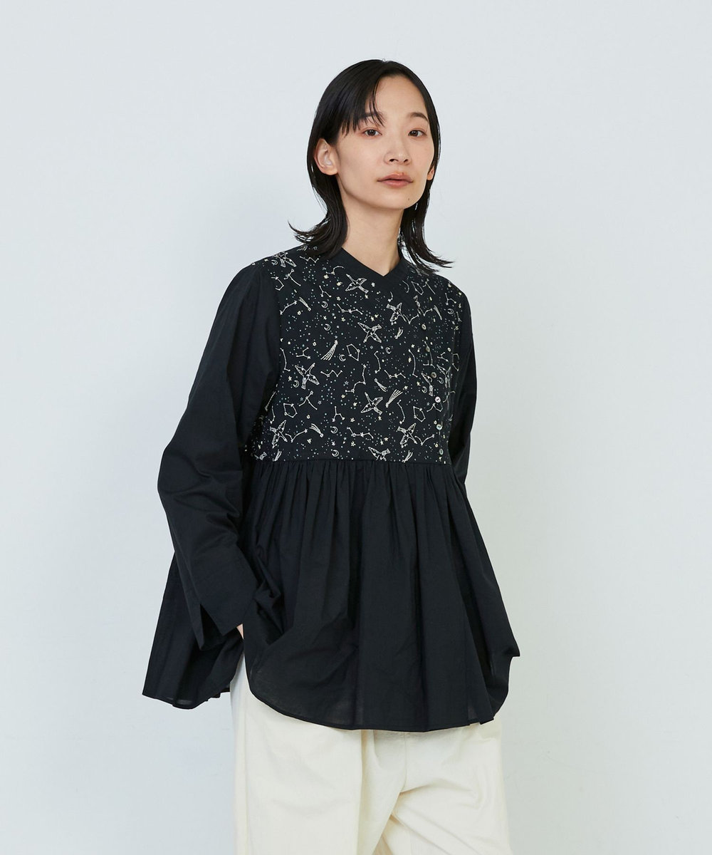 ADIEU TRISTESSE 星空プリント＆刺繍ブラウス ブラック