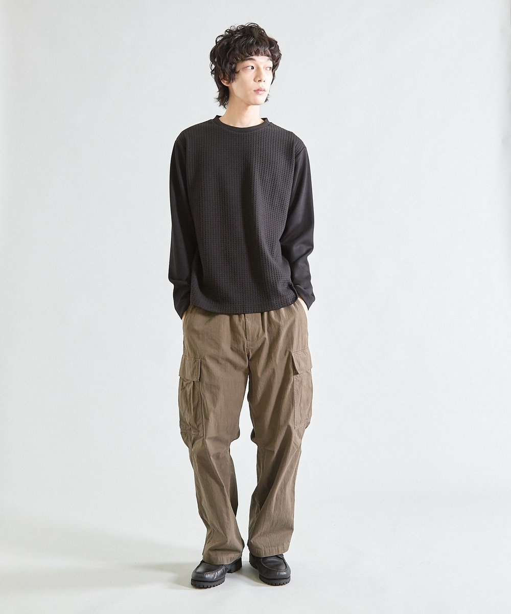 UNION STATION 異素材コンビ ワッフルジャガードTee ブラック